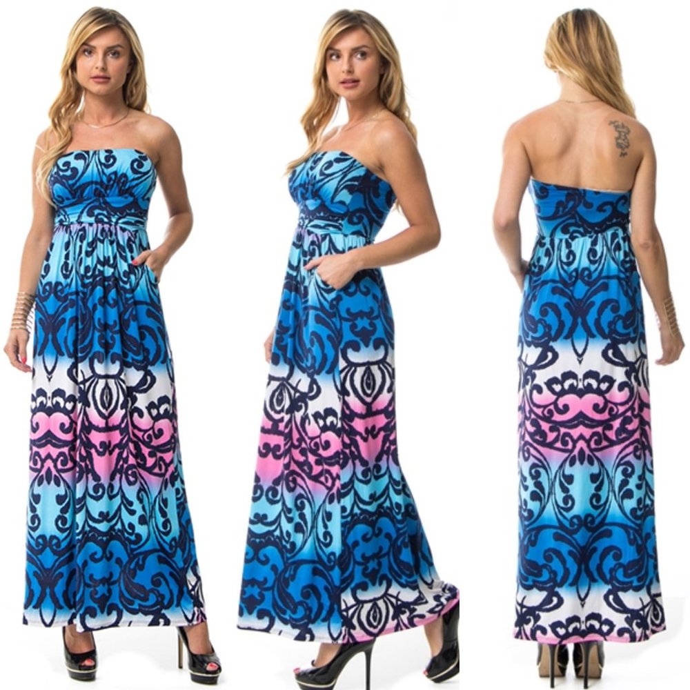 STRAPLESS MAXI BLUE PRINT WOMEN DRESS MADE IN USA